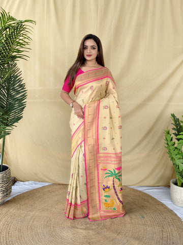 Gulzaar - Cream Beige Banarasi Silk Paithani Saree | Banarasii