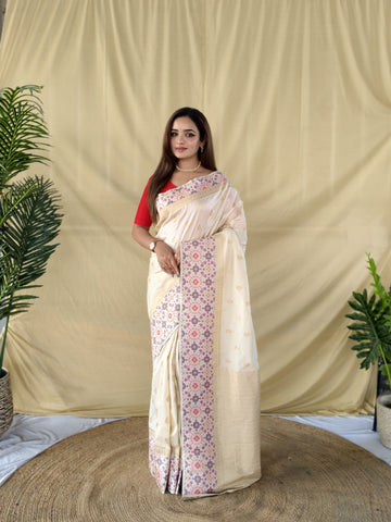 Nooreen - Ivory Cream Banarasi Silk Weaved Saree | Banarasii