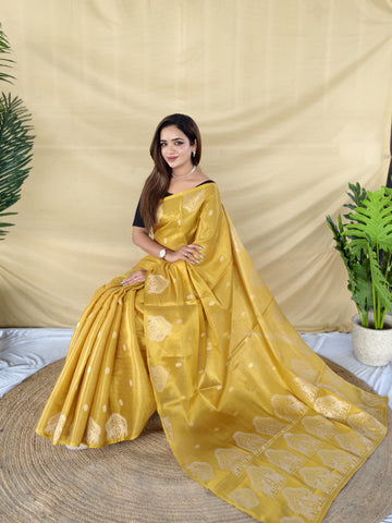 Zarang - Mustard Yellow Banarasi Tissue Silk Saree | Banarasii