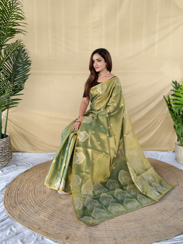 Zarang - Olive Pista Green Gold Banarasi Tissue Silk Saree | Banarasii