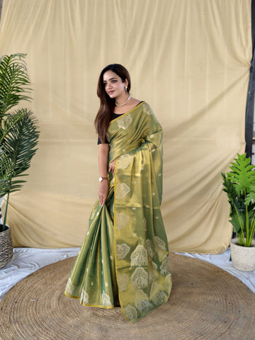 Zarang - Olive Pista Green Gold Banarasi Tissue Silk Saree | Banarasii