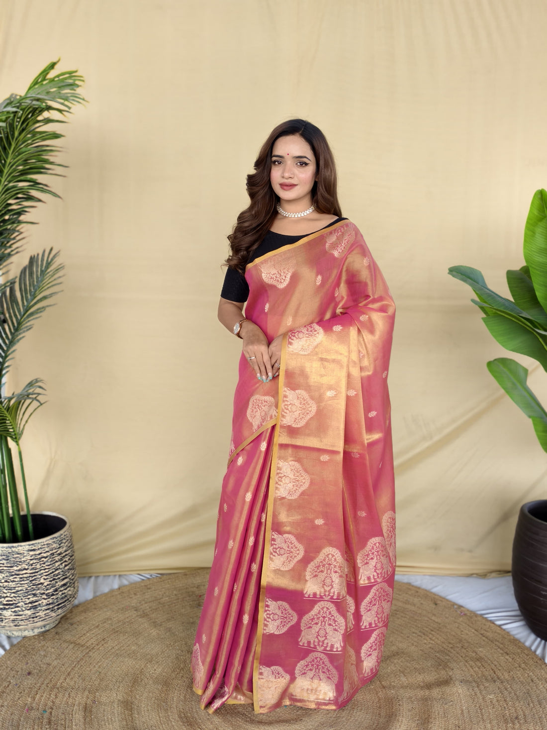 Zarang - Rose Pink Gold Banarasi Tissue Silk Saree | Banarasii