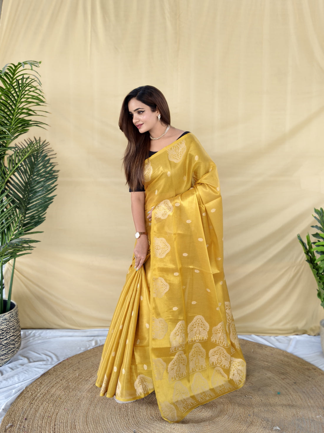 Zarang - Mustard Yellow Banarasi Tissue Silk Saree | Banarasii