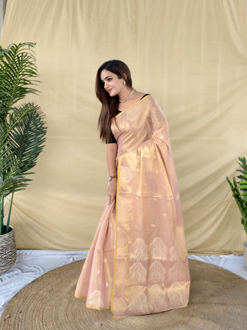 Zarang - Blush Peach Gold Banarasi Tissue Silk Saree | Banarasii