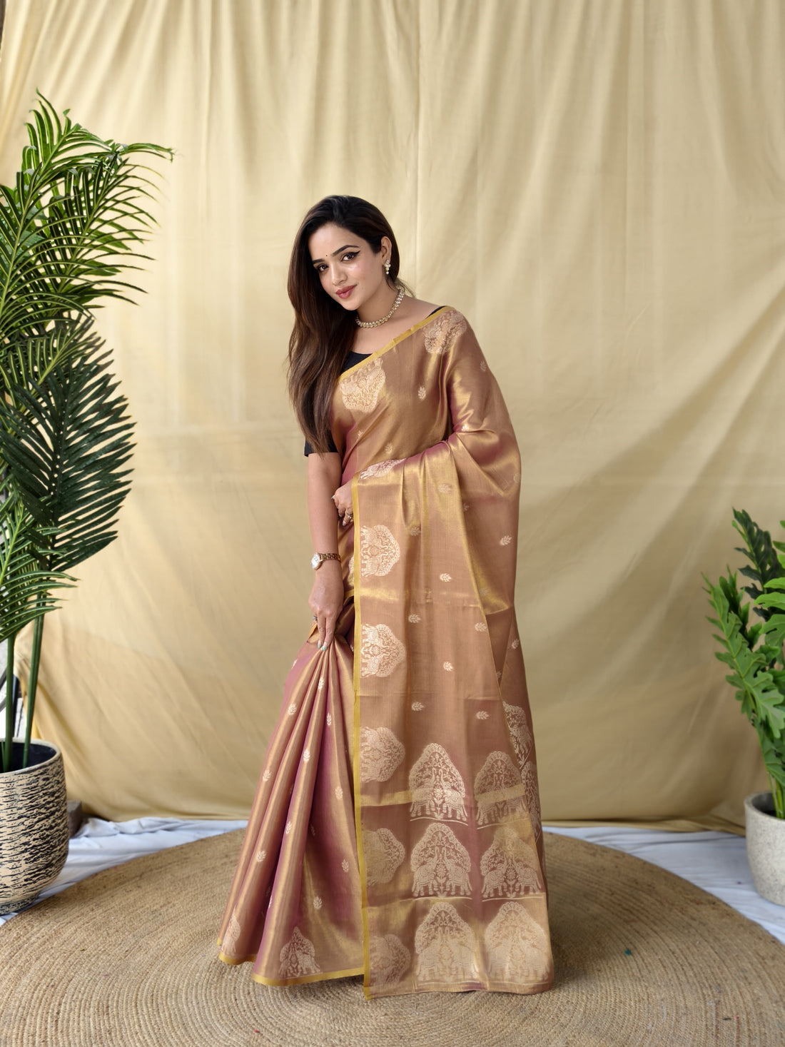 Zarang - Antique Rose Gold Banarasi Tissue Silk Saree | Banarasii