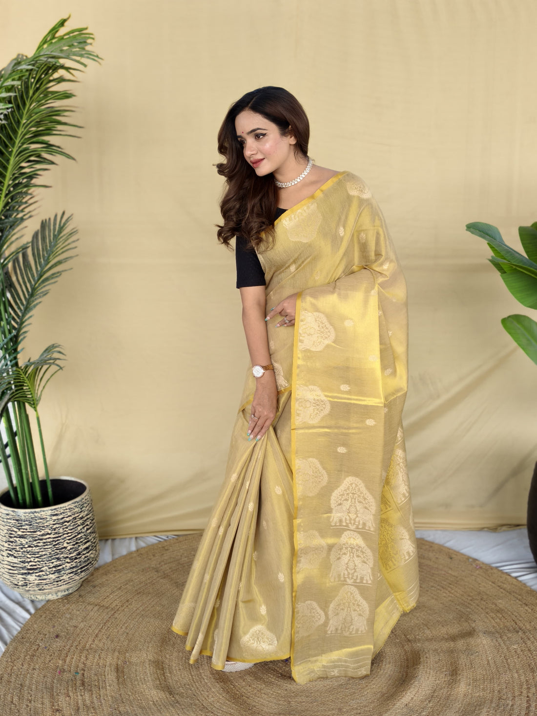 Zarang - Champagne Beige Gold Banarasi Tissue Silk Saree | Banarasii