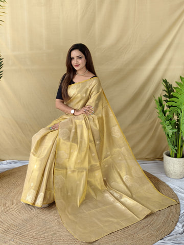Zarang - Champagne Beige Gold Banarasi Tissue Silk Saree | Banarasii
