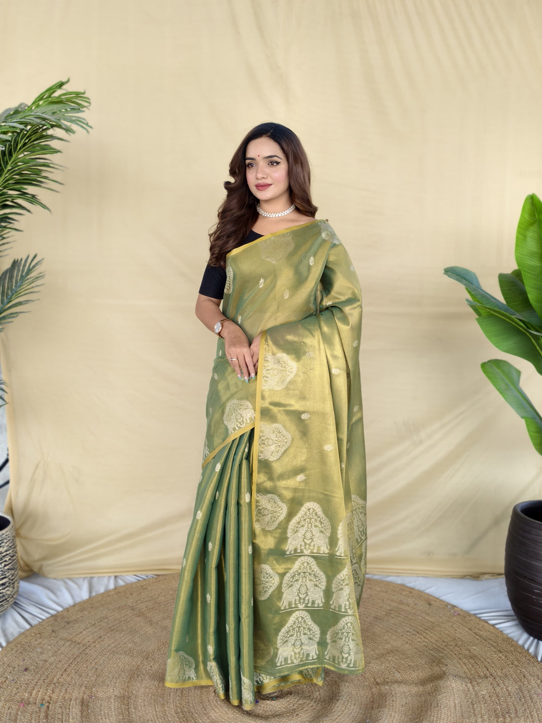Zarang - Olive Pista Green Gold Banarasi Tissue Silk Saree | Banarasii