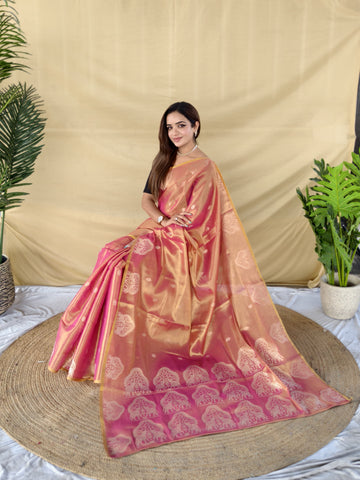 Zarang - Rose Pink Gold Banarasi Tissue Silk Saree | Banarasii