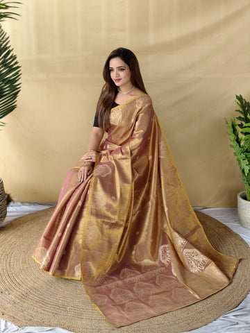 Zarang - Rose Gold Mauve Banarasi Tissue Silk Saree | Banarasii
