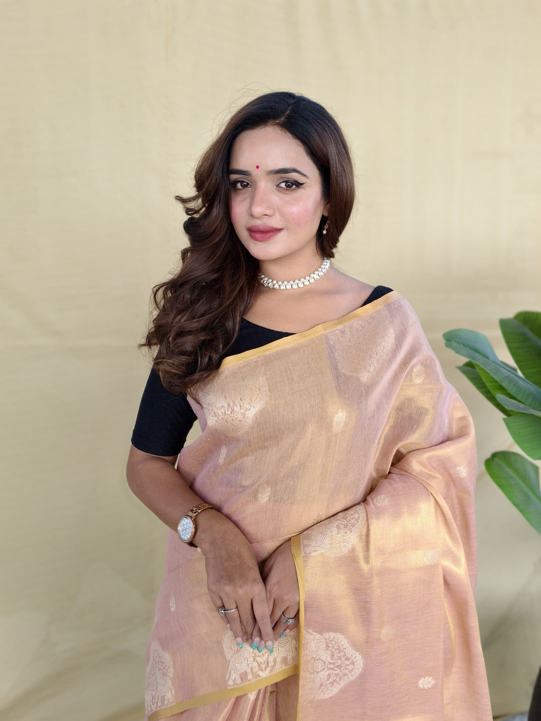 Zarang - Blush Peach Gold Banarasi Tissue Silk Saree | Banarasii