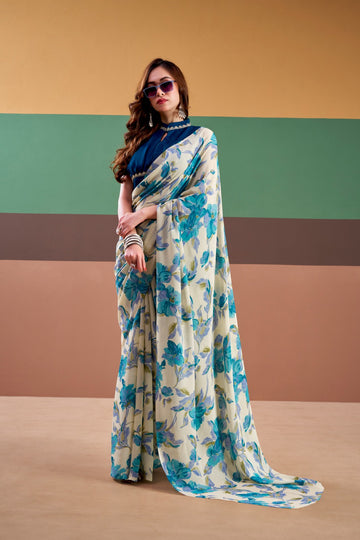 Parizaad - Turquoise Bloom Banarasi Satin Silk Printed Saree | Banarasii