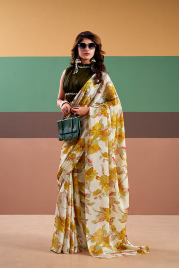 Parizaad - Golden Flora Banarasi Satin Silk Printed Saree | Banarasii