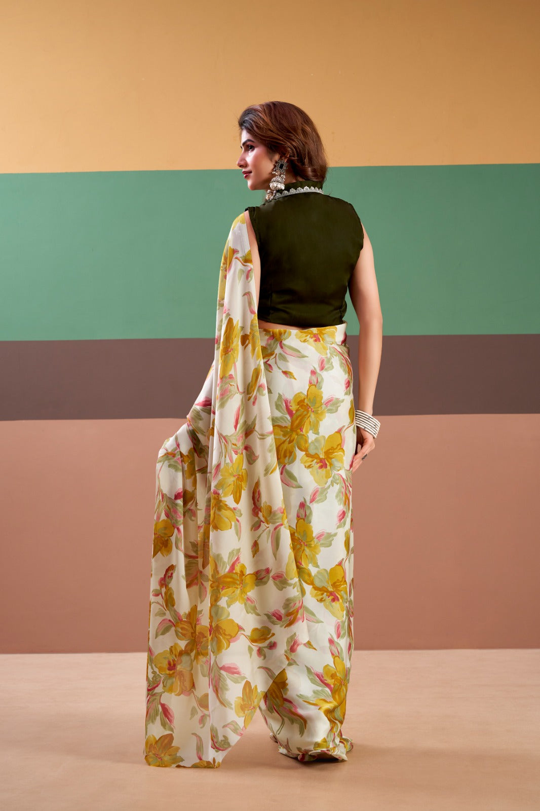 Parizaad - Golden Flora Banarasi Satin Silk Printed Saree | Banarasii