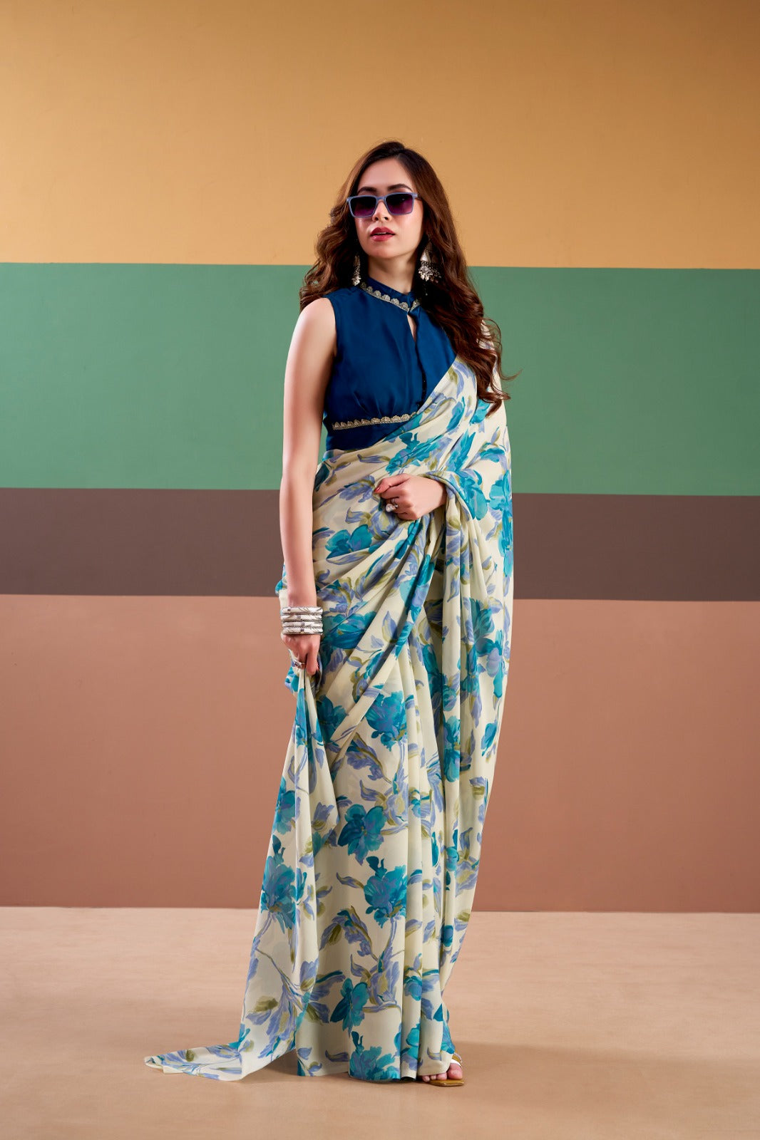 Parizaad - Turquoise Bloom Banarasi Satin Silk Printed Saree | Banarasii