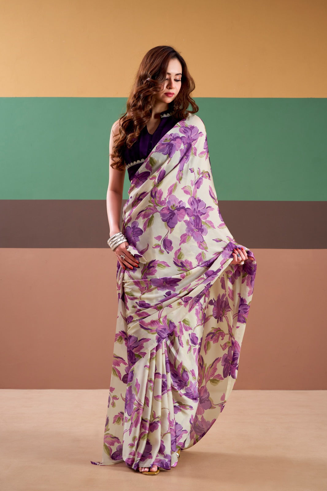 Parizaad - Lavender Bloom Banarasi Satin Silk Printed Saree | Banarasii