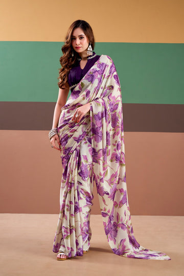 Parizaad - Lavender Bloom Banarasi Satin Silk Printed Saree | Banarasii