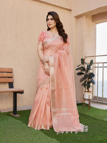 Nazaakat - Peach Pure Linen Zari Woven Saree | Banarasii