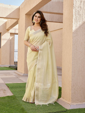 Nazaakat - Pistachio Gold Pure Linen Zari Woven Saree | Banarasii