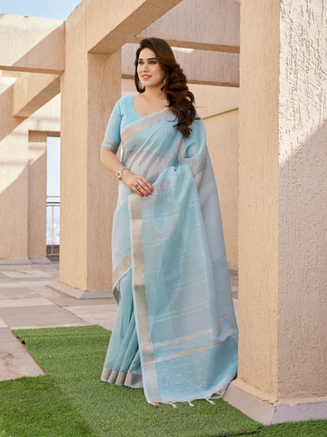 Nazaakat - Sky Blue Pure Linen Zari Woven Saree | Banarasii