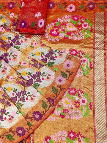 Pareesa | Sunset Gold Pure Handloom Double Tissue Zari Kota GI Tagged Saree | Banarasii