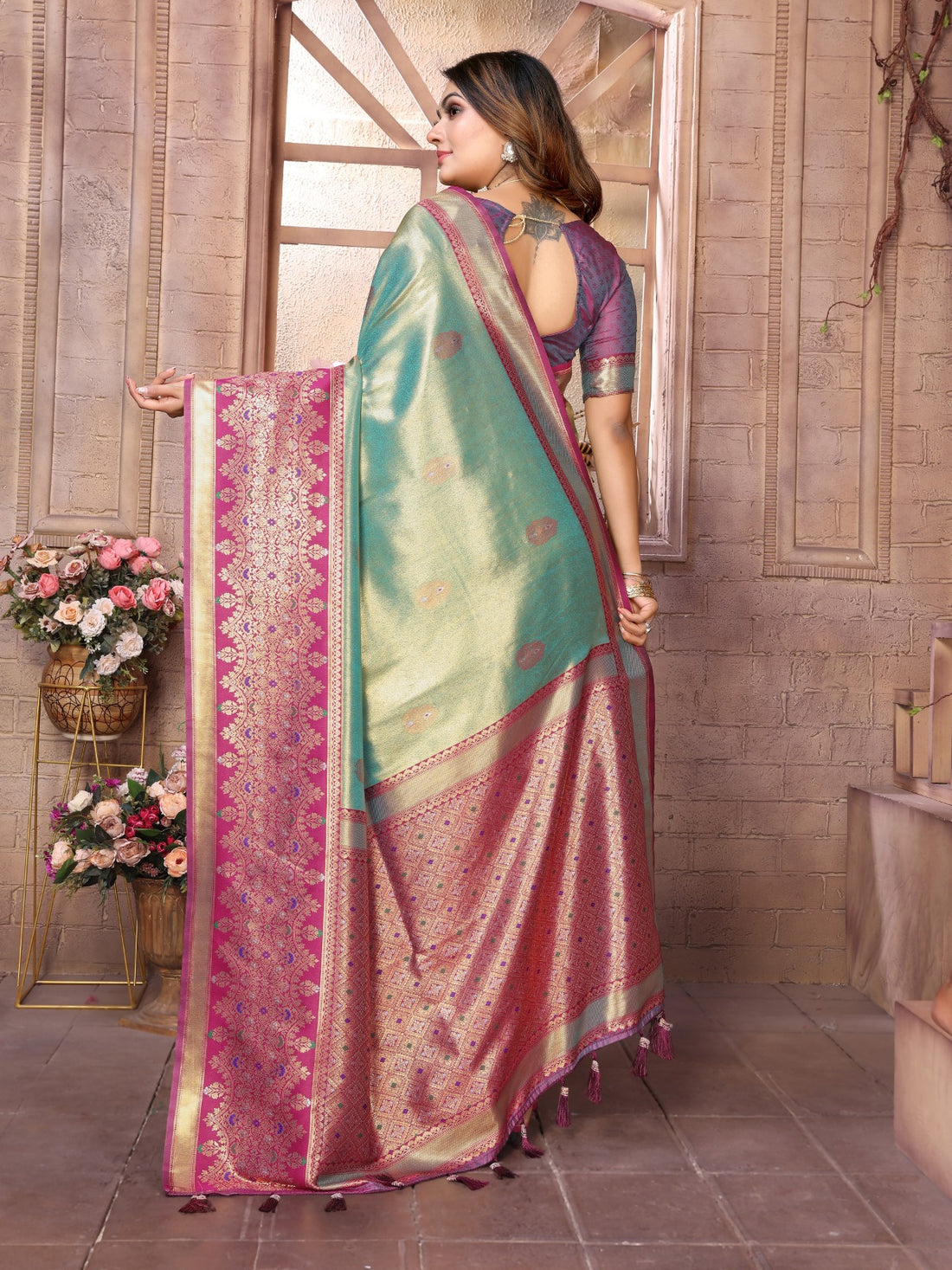 Meher - Seafoam Royale Tissue Silk Zari Weaved Saree | Banarasii