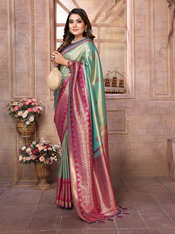 Meher - Seafoam Royale Tissue Silk Zari Weaved Saree | Banarasii
