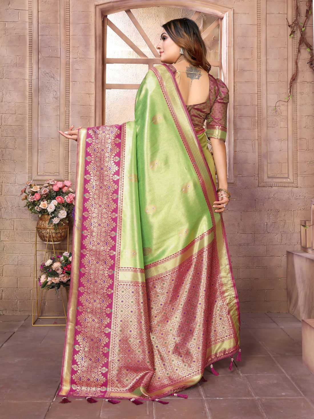Meher - Pista Lime Green Tissue Silk Zari Weaved Saree | Banarasii