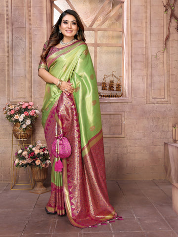 Meher - Pista Lime Green Tissue Silk Zari Weaved Saree | Banarasii