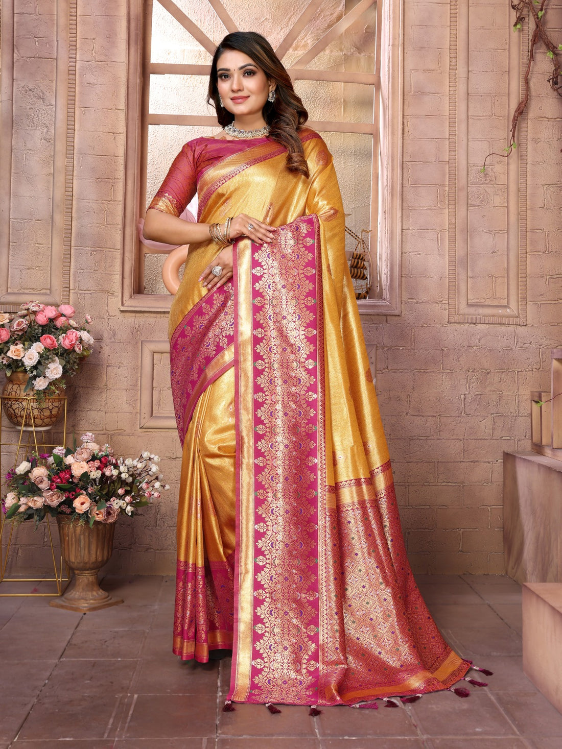 Meher - Kanak Gold Tissue Silk Zari Weaved Saree | Banarasii