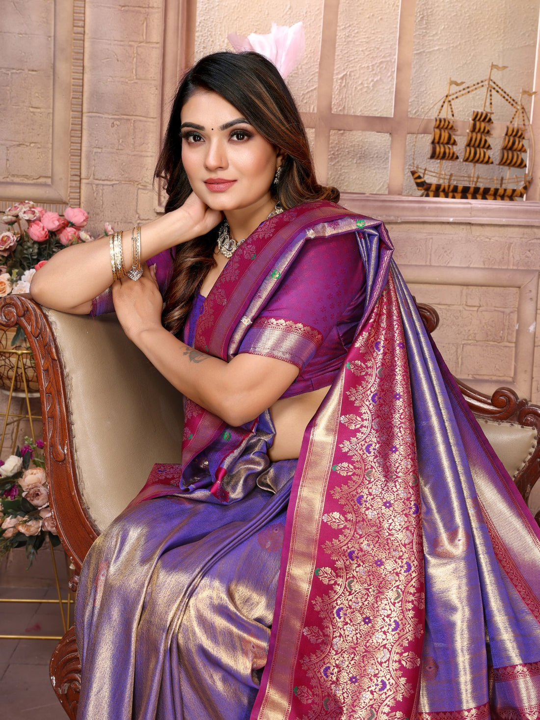 Meher - Moonstone Lavender Tissue Silk Zari Weaved Saree | Banarasii