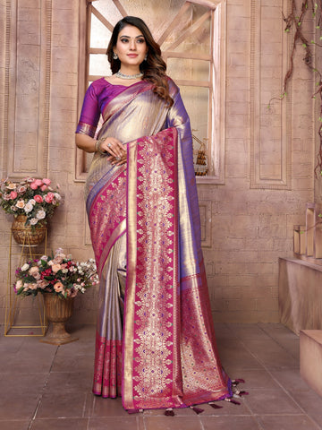 Meher - Moonstone Lavender Tissue Silk Zari Weaved Saree | Banarasii