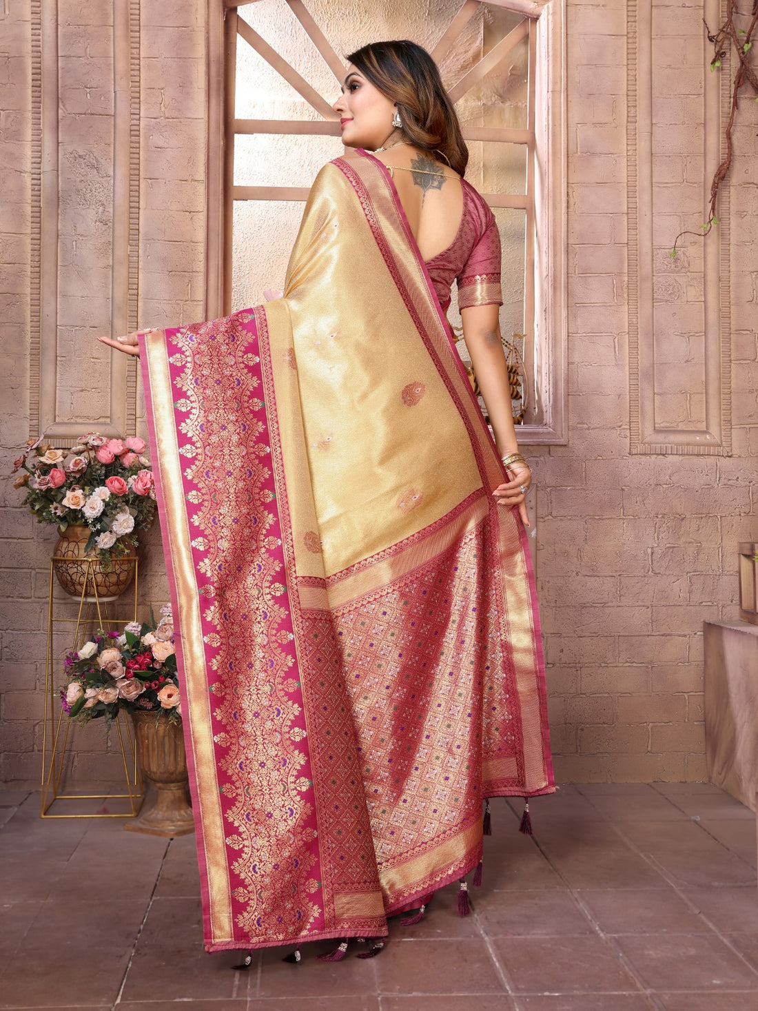 Meher - Champagne Gold Tissue Silk Zari Weaved Saree | | Banarasii