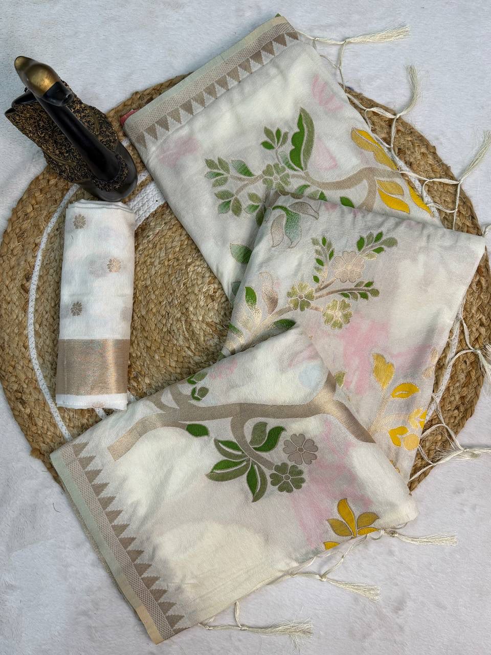 Naqsh - Ivory White Handloom Khadi Silk Saree | Banarasii