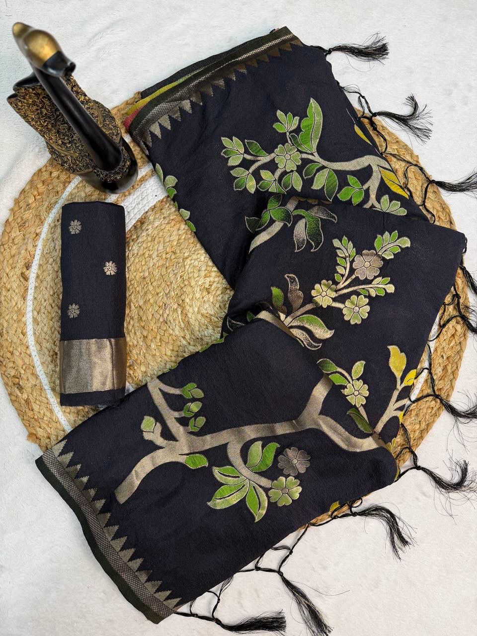 Naqsh - Midnight Black Handloom Khadi Silk Saree | Banarasii