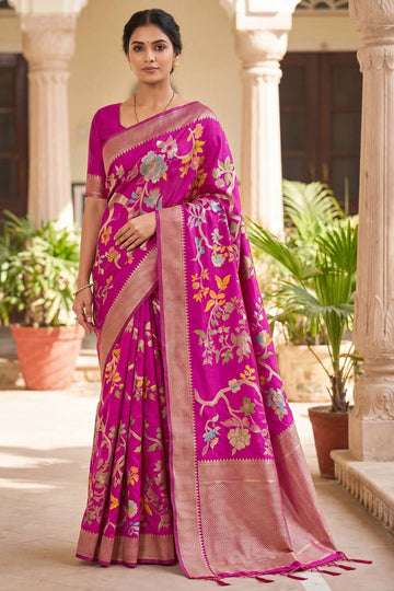 Naqsh - Rani Pink Handloom Khadi Silk Saree | Banarasii