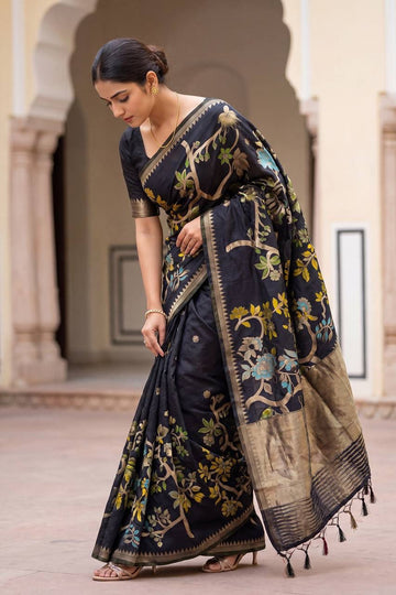 Naqsh - Midnight Black Handloom Khadi Silk Saree | Banarasii