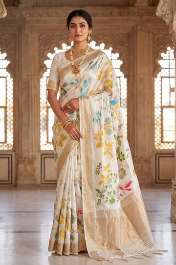 Naqsh - Ivory White Handloom Khadi Silk Saree | Banarasii