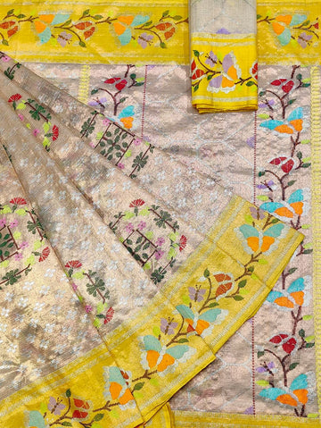 Aaina | Primrose Gold Pure Handloom Double Tissue Zari Kota GI Tagged Saree | Banarasii