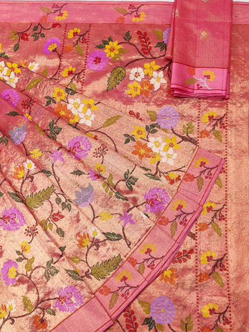 Gulnaarah | Blush Rose Pure Handloom Double Tissue Zari Kota GI Tagged Saree | Banarasii