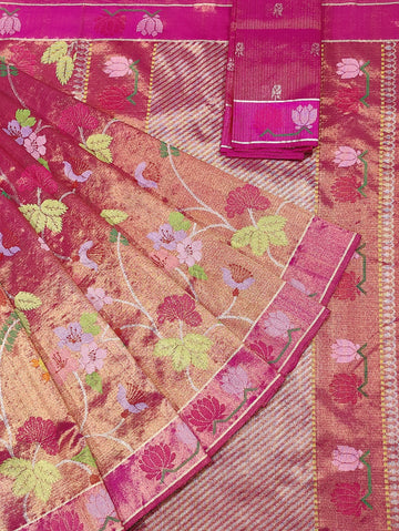 Gulnaaz | Rosewood Pink Pure Handloom Double Tissue Zari Kota GI Tagged Saree | Banarasii