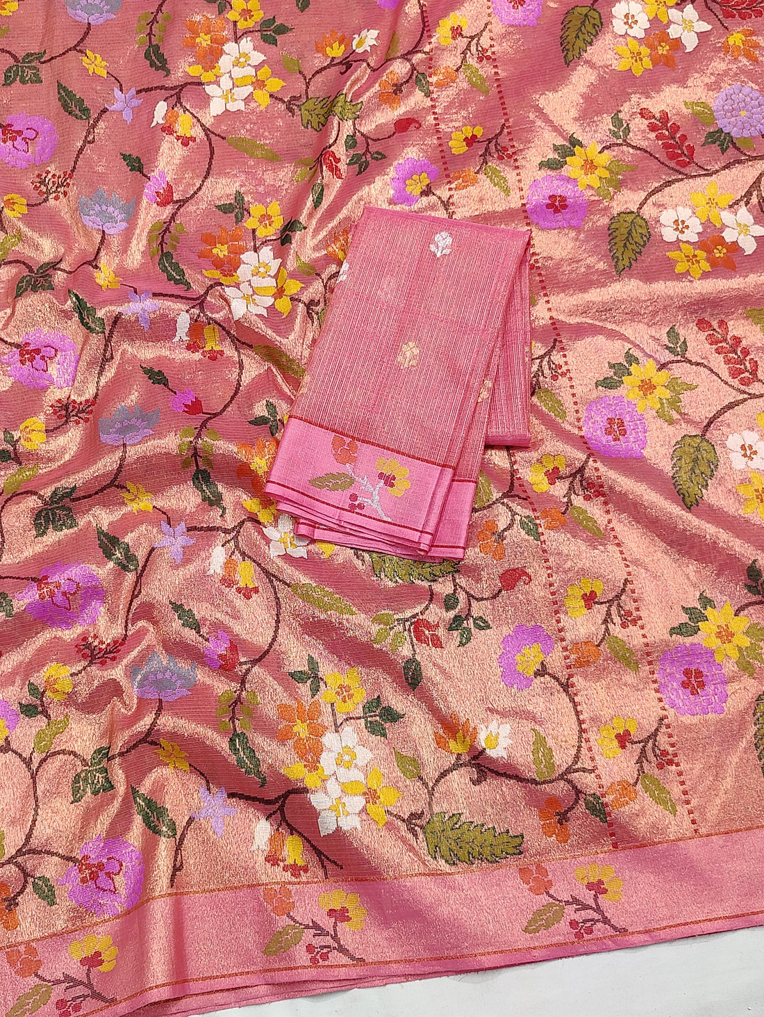 Gulnaarah | Blush Rose Pure Handloom Double Tissue Zari Kota GI Tagged Saree | Banarasii