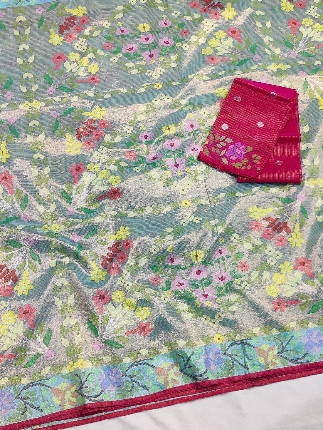 Sarovara | Mist Aqua Pure Handloom Double Tissue Zari Kota GI Tagged Saree | Banarasii