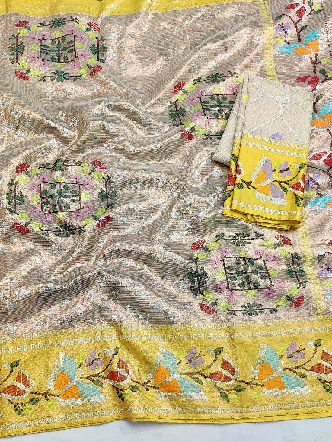 Aaina | Primrose Gold Pure Handloom Double Tissue Zari Kota GI Tagged Saree | Banarasii