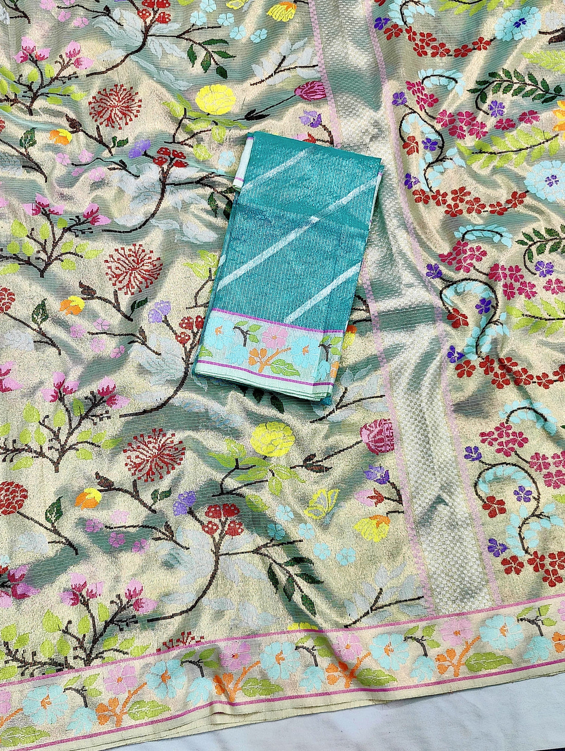 Baharistan | Celadon Silver Pure Handloom Double Tissue Zari Kota GI Tagged Saree | Banarasii