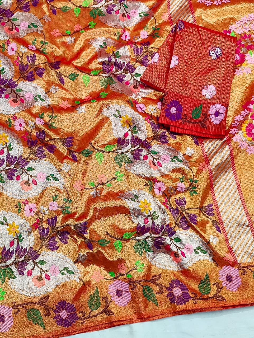 Pareesa | Sunset Gold Pure Handloom Double Tissue Zari Kota GI Tagged Saree | Banarasii