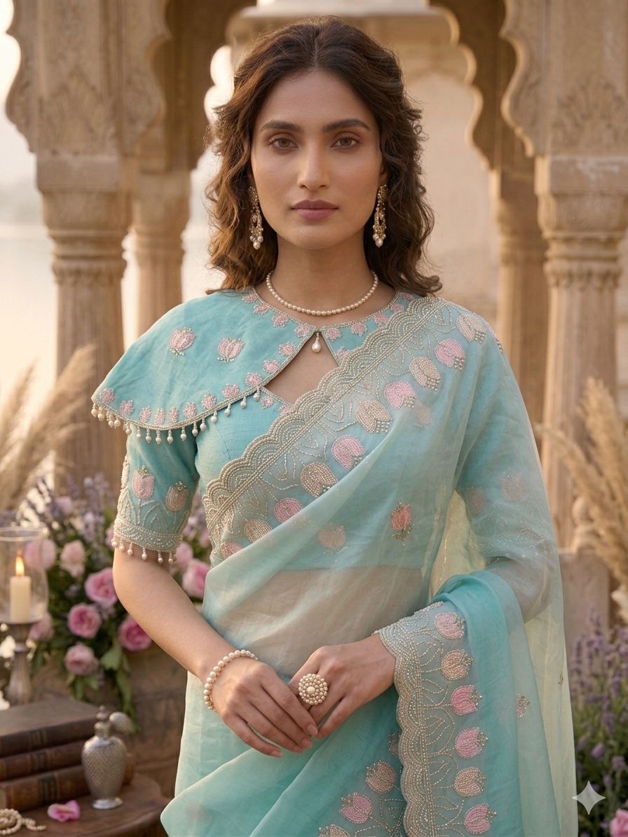 Nargis - Mint Aqua Fendi Satin Silk Saree | Banarasii