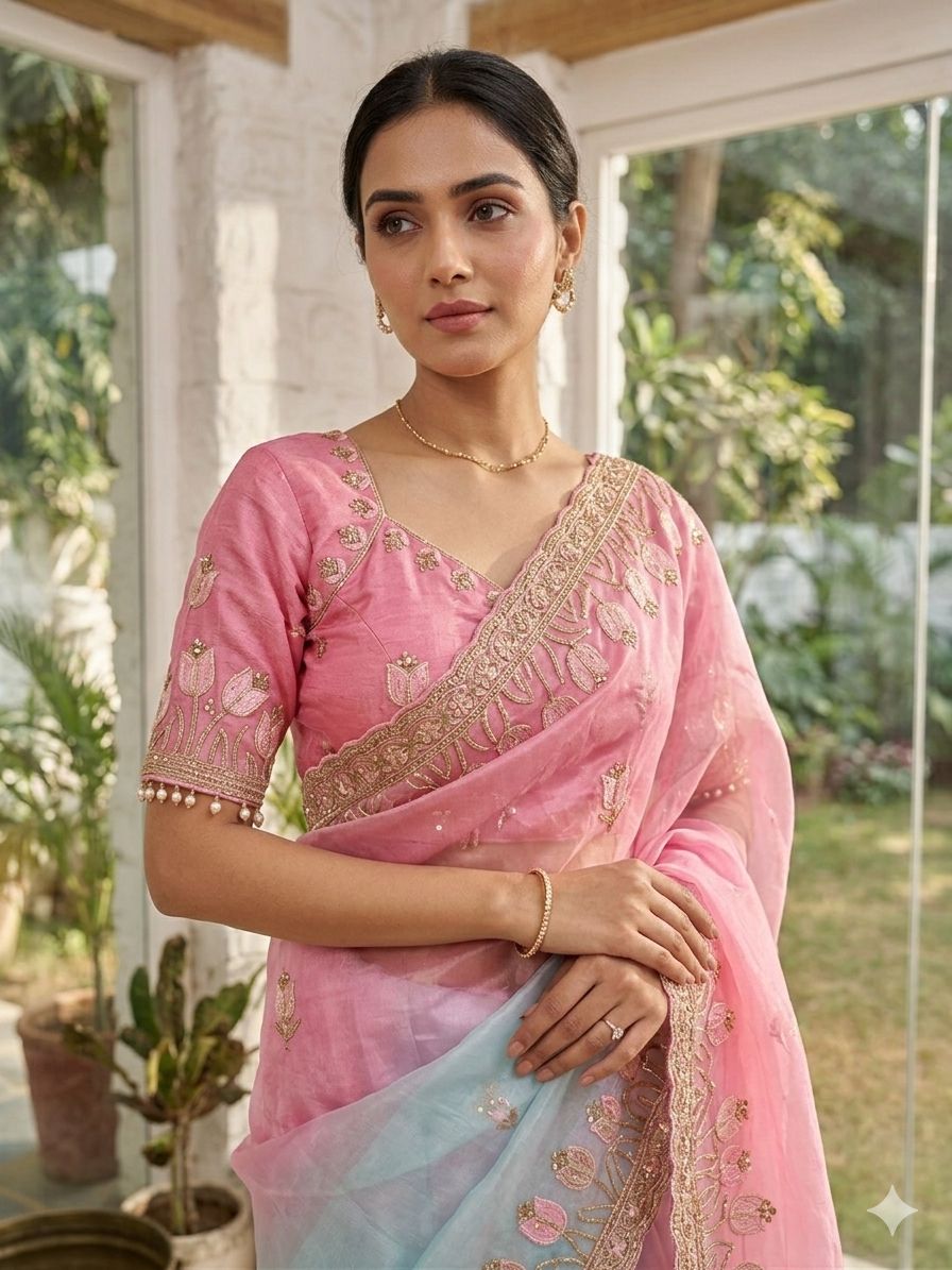 Nargis - Blush Lagoon Fendi Satin Silk Saree | Banarasii