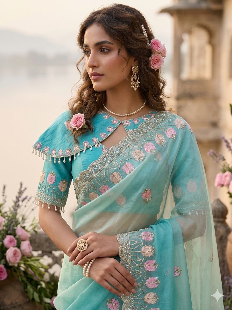 Nargis - Firoza Bloom Fendi Satin Silk Saree | Banarasii