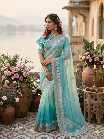 Nargis - Firoza Bloom Fendi Satin Silk Saree | Banarasii